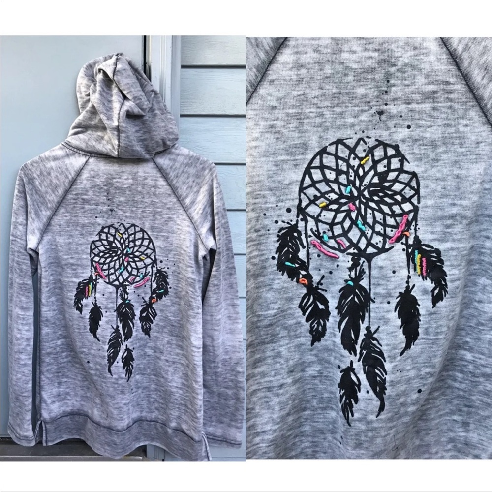 Roxy Gray Heather Hoodie with Black Dreamcatcher and Multicolor Accents